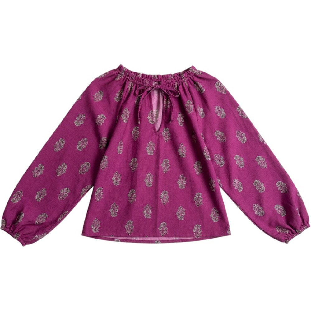 RAGA‎ Blouse S Magenta Floral Block Print Balloon Sleeve Boho Bohemian Aesthetic